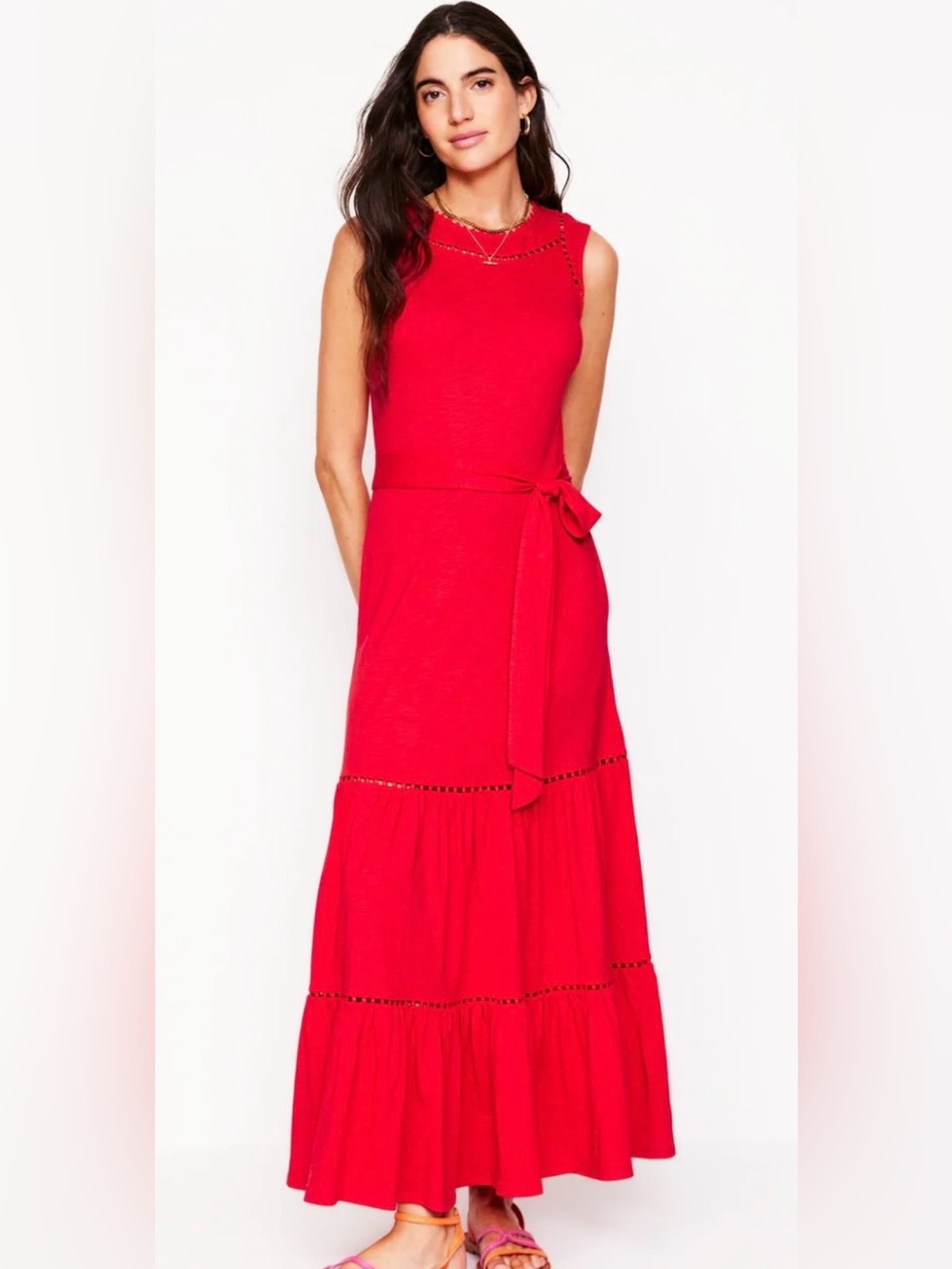 Boden Mila Trim Tiered Jersey Dress Red Size US 8